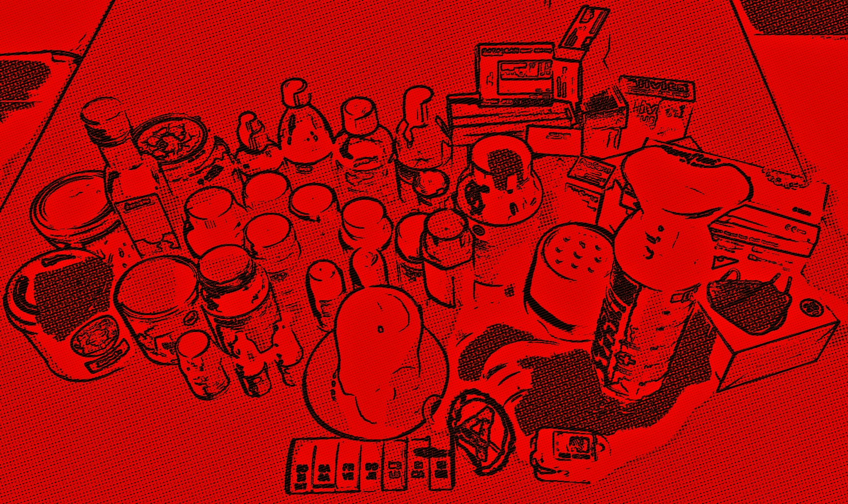 A big collection of medication, supplements and devices that need to be used daily or kept around for certain occasions by a person who has Long COVID, a red filter renders the image abstract