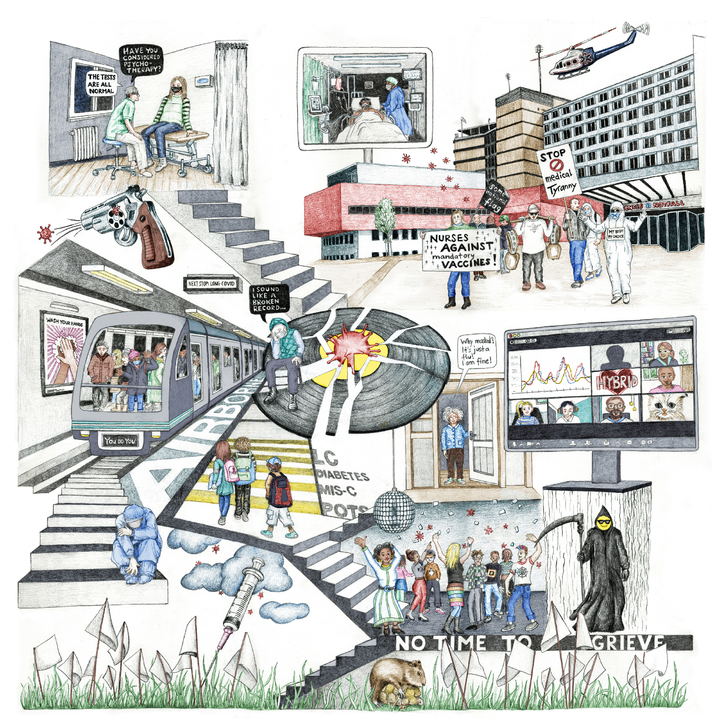 The colored drawing is a wimmelbild showing various scenes from the ongoing pandemic. At the center there is a huddled person who sits on a broken record, saying "I sound like a broken record". At the top right there are scenes from a anti-vaxx-protest in front of a hospital. On a screen a person in a hospital bed on a respirator can be seen. At the top left corner there's a doctor without a mask leaning into a patient, who seems intimidated. Right underneath a revolver points away, 5 chambers are empty one contains a COVID virus, to signify the russian roulette of Long COVID. In the bottom left corner there's a train station with an incoming train called "you do you", most people in the train don't wear a mask except one person squeezed to the window. The sign reads "next stop: Long COVID". Bellow there's a syringe with a drop. Above to the right a group of kids tries to cross the street, on the crossing are written "LC, diabetes, MIS-C and POTS". To the right of it there's a dance party where no one wears a mask and death stands there with a smiley head. On the side of the floor is a panel that reads, "no time to grieve". Bellow that there's a capybara relaxing on a turtle, next to the flags of a pandemic memorial. Above the dance floor a woman with wild hair opens the door and asks, "Why masked? It's just a flu. We're fine". On a screen there's a video-chat where one person has a cat face.